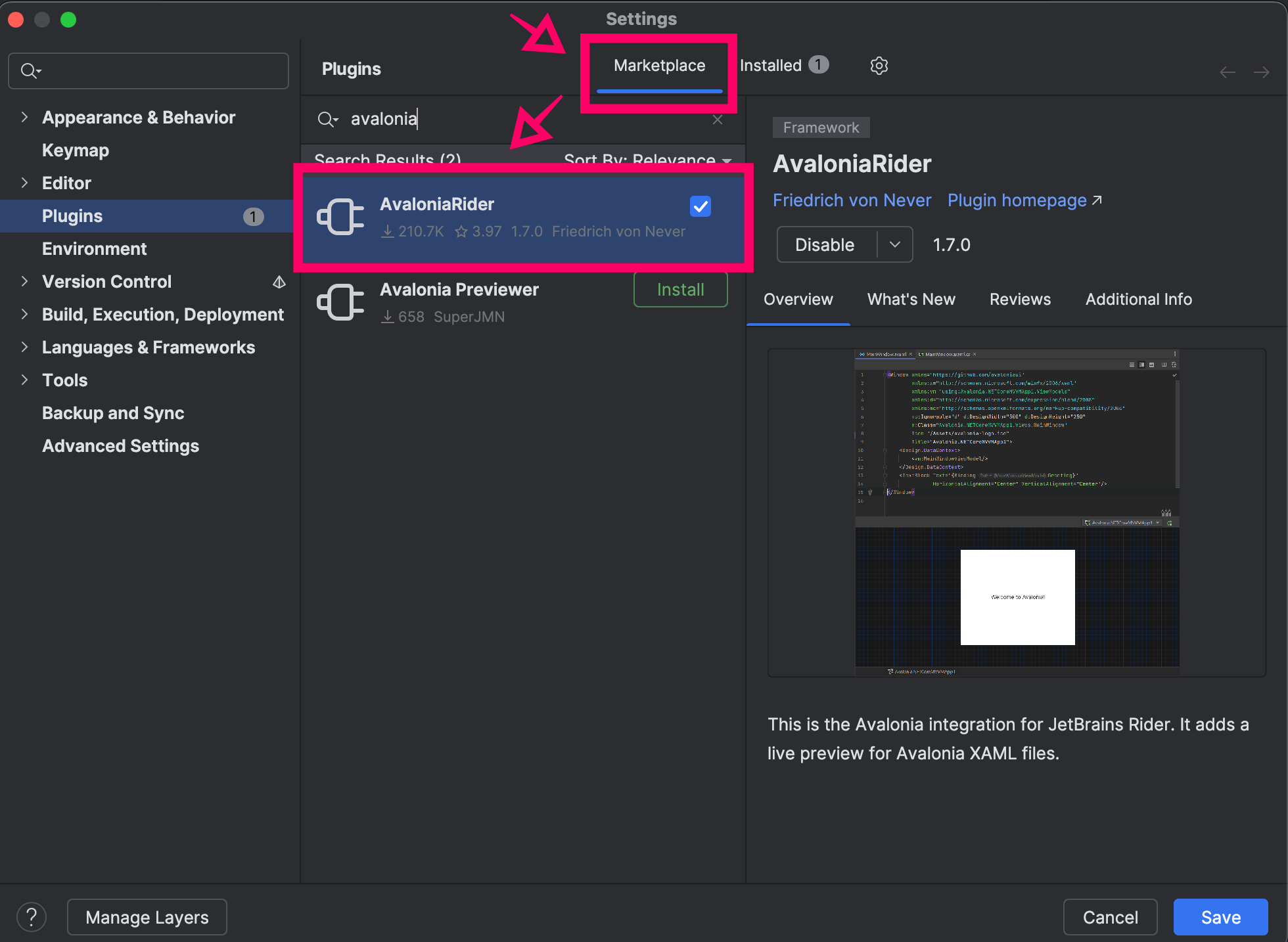 A screenshot displaying how to download the AvaloniaRider extension in Rider.
