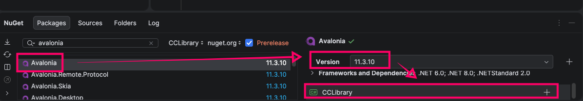 A screenshot demonstrating how to install the Avalonia NuGet package in Rider.