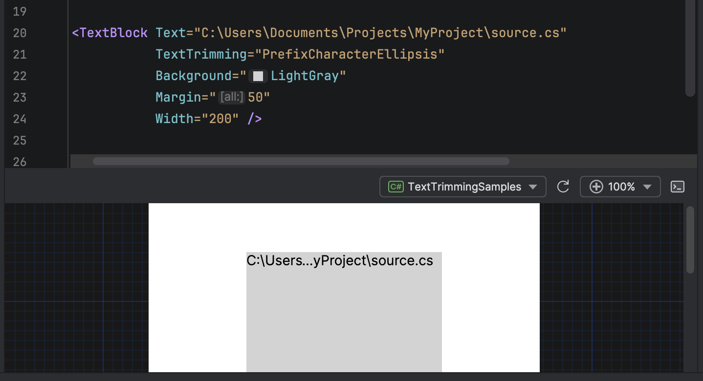 A screenshot of an IDE, displaying a long line of text in a box that is cut off in the middle, with an ellipsis placed between the starting and ending characters.