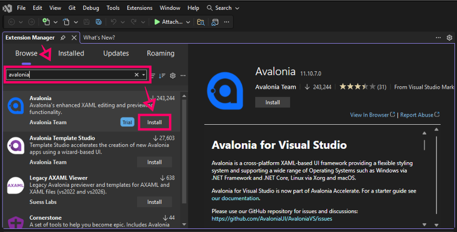 显示如何在 Visual Studio 中下载 Avalonia 扩展的屏幕截图。