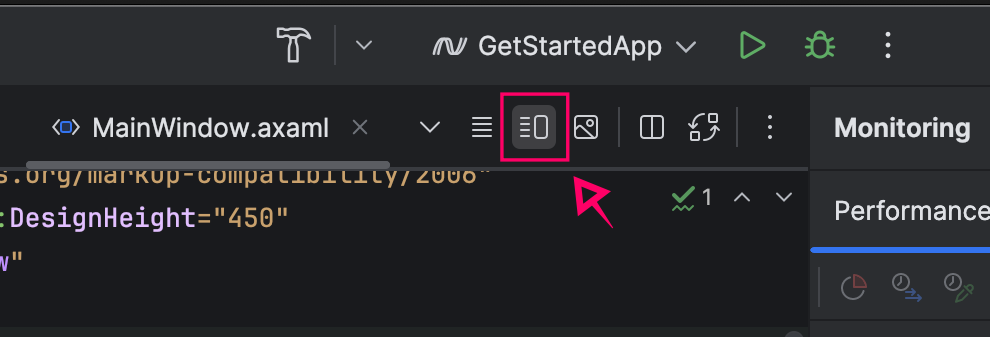 突出显示在 Rider 中启用 XAML 预览的按钮的屏幕截图。