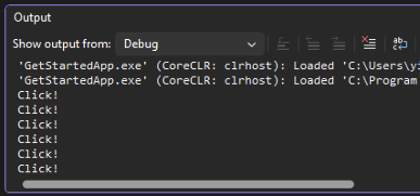 显示 Visual Studio 中输出屏幕的屏幕截图，其中打印了单词 'Click!'。
