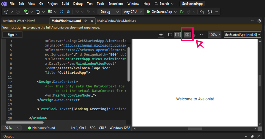 突出显示在 Visual Studio 中启用 XAML 预览的按钮的屏幕截图。